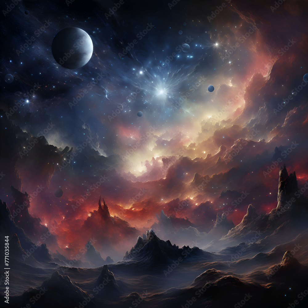 Fantasy landscape with planets. stars and galaxies. 3D rendering