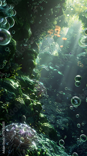 A mystical underwater scene with sunlight filtering through a lush green forest surrounded by bubbles