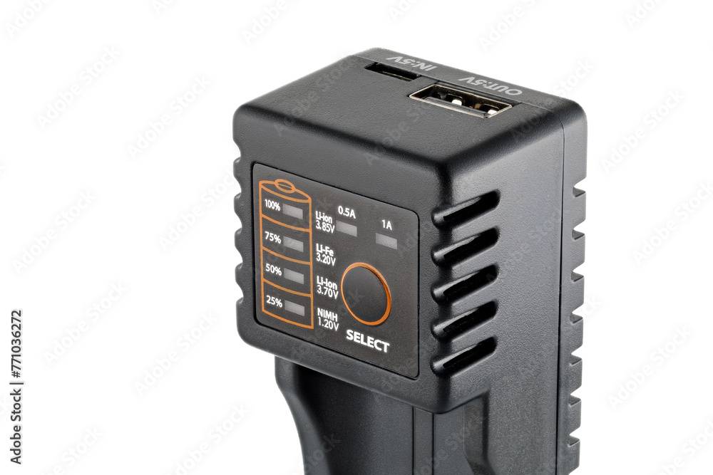 Fototapeta premium Battery charger for battery type 18650 and smaller isolated on white background close-up.