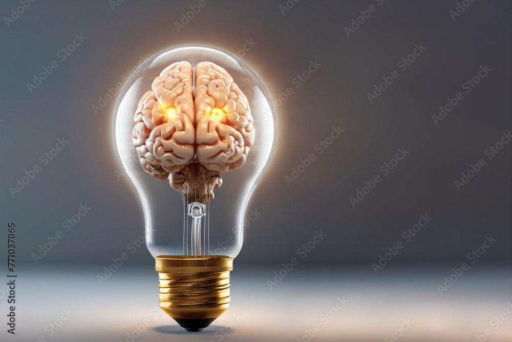 A light bulb with a brain inside on a gray background.  AI generative. - obrazy, fototapety, plakaty 