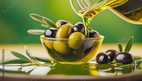 Black and green olives in a glass bowl and olive oil poured over them