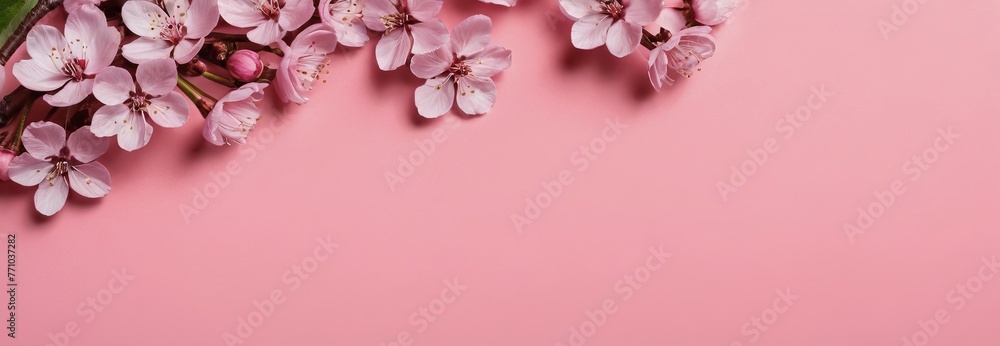 Obraz premium Spring cherry blossom on a pink background. Wide Banner. pastel colors, greeting card design for holiday, Mother's Day, Easter, Valentine's Day. copy space. Flat lay, top view