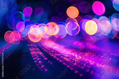 Blurred bokeh lights over purple digital grid pattern