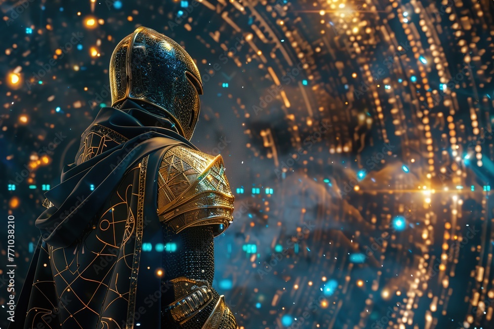 A knight in CyberRenaissance style, with blue and gold classical forms in a digital world