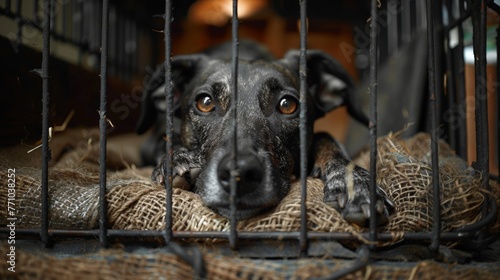 Los ojos llenos de alma de un canino miran a través de las rejas. El recinto rústico no es rival para el espíritu que brilla dentro, un testimonio de la resiliencia y esperanza que llama. photo