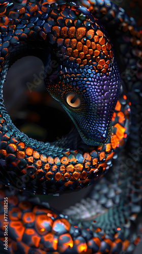 A highly detailed image of a snake with multicolored scales coiled elegantly, symbolizing both danger and beauty photo