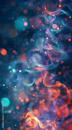 A digital artwork featuring dynamic light streaks and particles creating a sense of energy and movement in a deep blue space