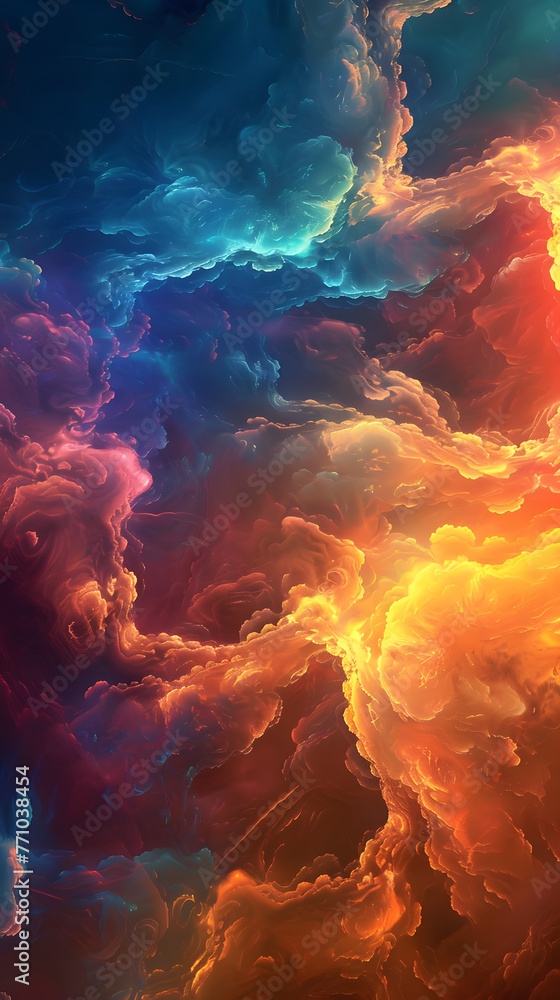 Obraz premium This abstract image showcases a dramatic contrast of warm and cool colors resembling a cosmic cloud display
