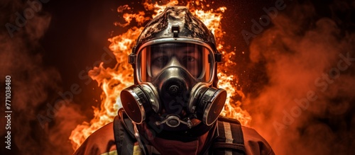 A fictional character wearing personal protective equipment, including a helmet and gas mask, stands in front of a fire at an event. The darkness adds to the scene, creating a mix of science and art