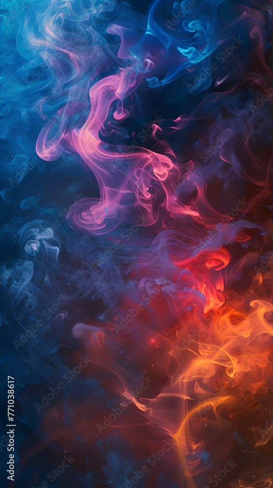 Vivid streams of colorful smoke intertwine, creating a dynamic and abstract aesthetic akin to flowing fabric or dancing flames