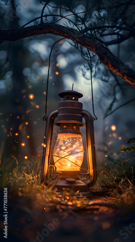 An old lantern hangs from a tree branch, casting an enchanting glow among floating sparkles, embodying mystery and adventure
