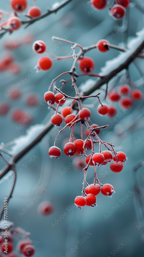 A cluster of bright red berries covered in delicate frost, contrasting with the chilled blue background