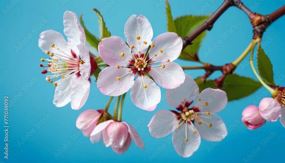 Spring cherry blossoms on a blue background. pastel colors, greeting card design for holiday, Mother's Day, Easter, Valentine's Day. copy space. Flat lay, top view Spring cherry blossoms on a blue background. pastel colors, greeting card design for holiday, Mother's Day, Easter, Valentine's Day. copy space. Flat lay, top view