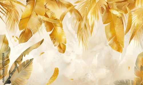 watercolor gold 3d palm banana leaves hanging down wallpaper. AI generated illustration