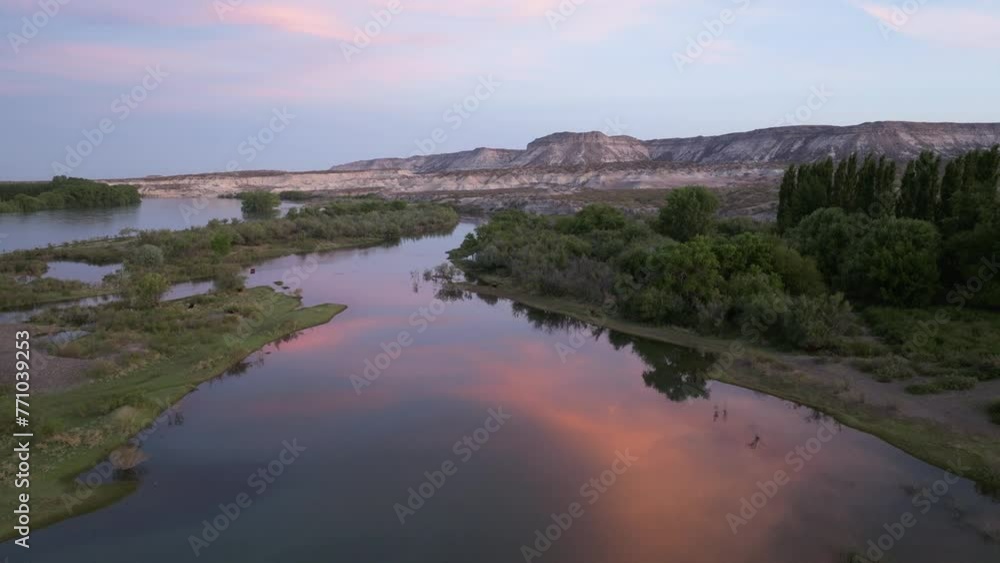 Panoramic shot overgrow water in Rio Negro river in Argentina that causes flooding due to climate change. Patagonia Argentina Panoramic shot overgrow water in Rio Negro river in Argentina that causes flooding due to climate change. Patagonia Argentina