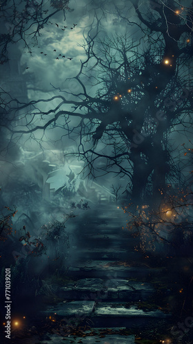 An eerie, captivating scene depicting a spooky pathway through a forest with barren trees and mysterious lights, evoking a sense of adventure