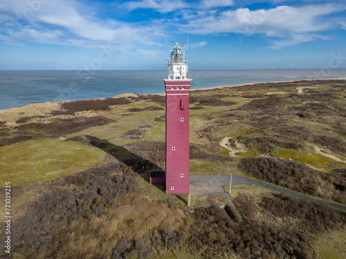 Vuurtoren lighthouse in the dutch coasts (Nederland) from drone view