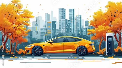 Illustration of ecologically clean transport featuring an electric car near a charging station, set against a landscape with high-rise skyscrapers. Vector design for website templates. photo
