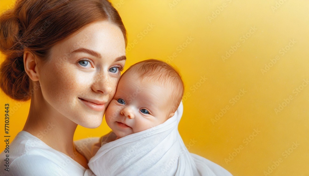 Matka trzymająca w objęciach niemowlę. Dzień Matki - obrazy, fototapety, plakaty 