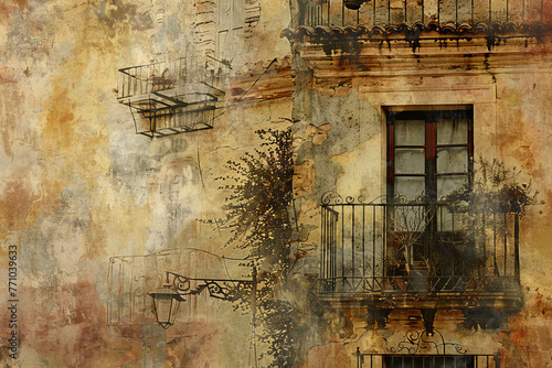 An abstract background that reflects the charm and elegance of Spanish style. The image features a mix of warm colors and rustic textures