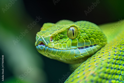 Green albolaris snake side view, animal closeup, green viper snake closeup head