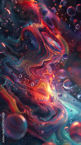 Vivid colors blend together in a liquid simulation  creating a mesmerizing abstract art with translucent bubbles