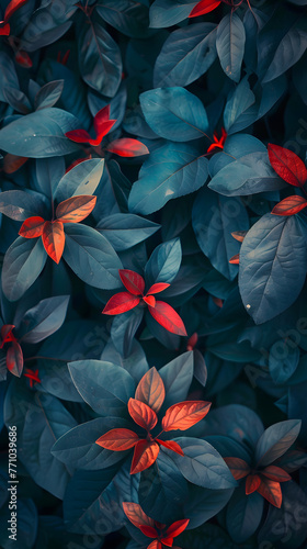 Striking contrast of vibrant red and orange leaves against a deep blue background gives this image a dynamic and mysterious vibe