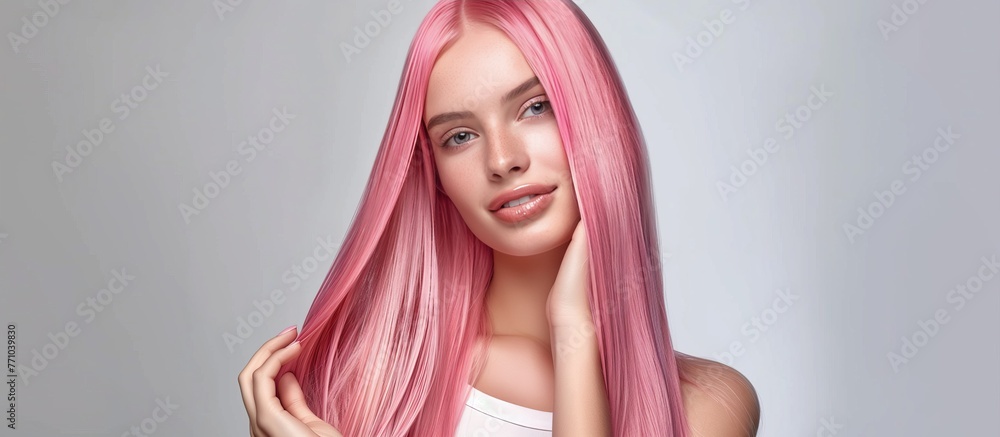 Woman showcasing pink sleek, shiny hair post-shampoo. Portrait of beauty and haircare. Woman showcasing pink sleek, shiny hair post-shampoo. Portrait of beauty and haircare.