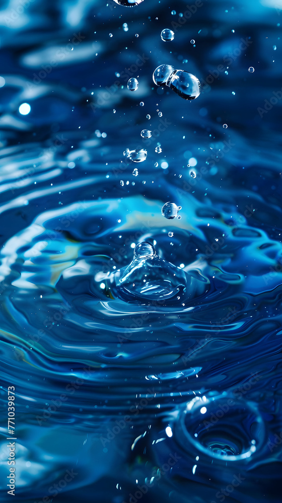 A high-definition close-up capturing the dynamic ripple effect of water drops creating circular patterns in a pool of deep blue water A high-definition close-up capturing the dynamic ripple effect of water drops creating circular patterns in a pool of deep blue water