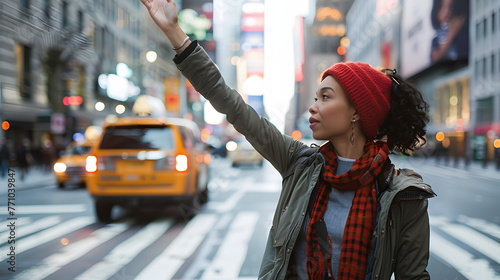 Woman hailing taxi cab or ride share car service in New York photo