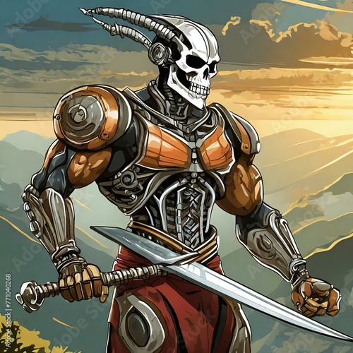 ilustración de guerrero cyborg con armas.