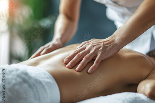 Close-up of hands performing massage on a person s back in a serene environment