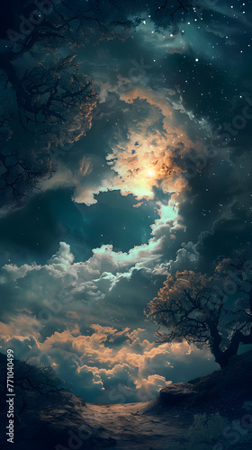 Dreamlike depiction of a night sky with clouds parting to reveal stars with silhouetted trees framing the scenery