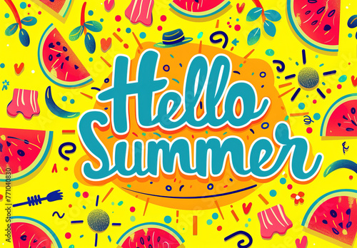 Colorful watermelon summer vibes illustration banner that says Hello summer