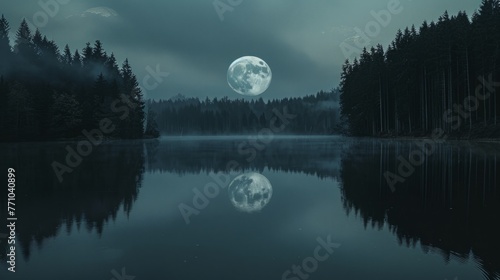 Full Moon Rising Over Lake Surrounded by Trees