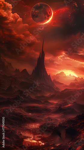 Wallpaper Mural A breathtaking science fiction landscape featuring a red planet, grand spire and an otherworldly sky casting a crimson light Torontodigital.ca