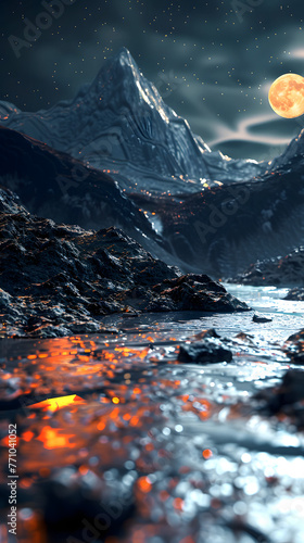 Wallpaper Mural A surreal scene depicting mountains under a starry sky with lava flows and a full moon illuminating the night Torontodigital.ca