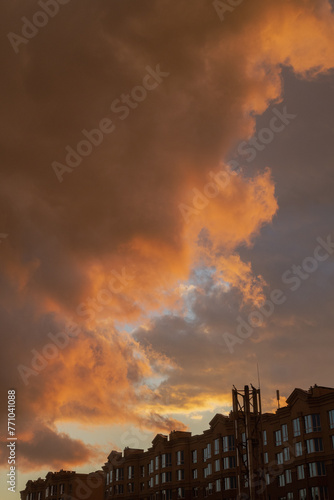 Kyiv, Ukraine. March 29, 2024. In the afternoon, the first thunderstorm of the year thundered. it was raining and there was lightning. then there was an incredible orange-red sunset