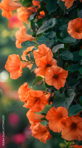 Wallpaper Mural Closeup of vivid orange trumpet-shaped flowers blooming among green leaves on a climbing vine Torontodigital.ca