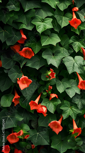 Wallpaper Mural A detailed image showcasing the contrast of red trumpet flowers against the verdant backdrop of lush leaves Torontodigital.ca