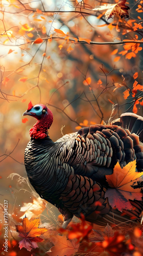 Wallpaper Mural A turkey with intricate feather patterns stands amidst the fallen autumn leaves in a pastoral sett Torontodigital.ca