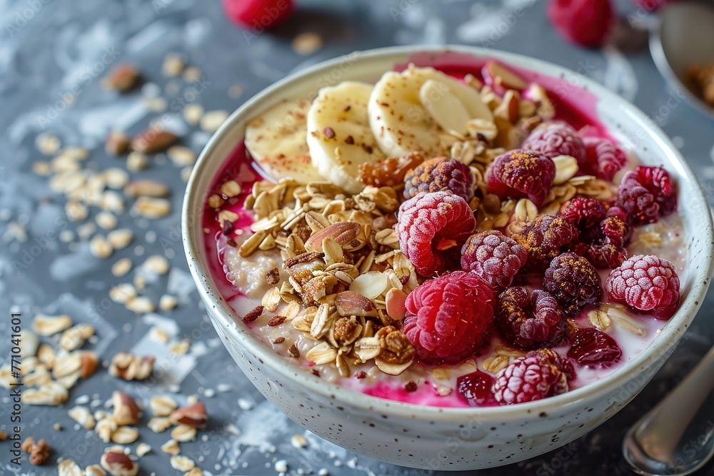 A bowl of oatmeal with raspberries and a banana on top. The bowl is on a table with a Gray background A bowl of oatmeal with raspberries and a banana on top. The bowl is on a table with a Gray background