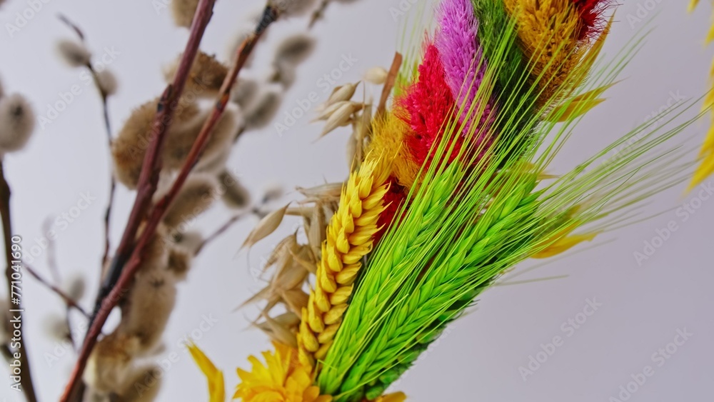 Fototapeta premium Traditional Polish Easter Decorations Colorful Palm and Catkins Twig Bundle 
