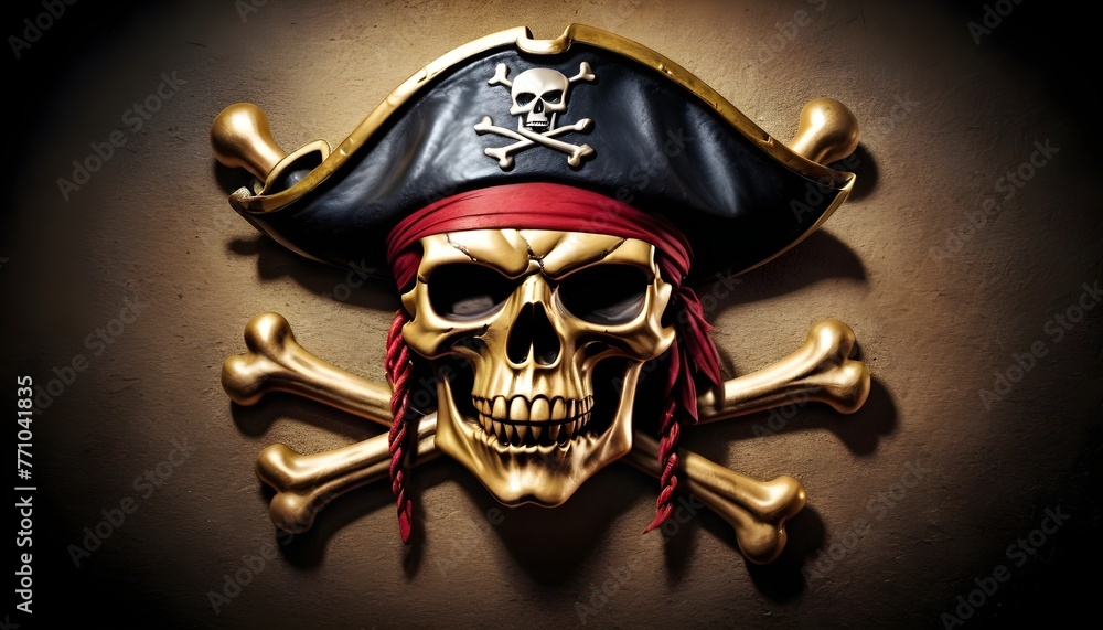 Fototapeta premium Pirate 3d symbol with skull, red bandana and bones on stone background, fantasy, steampunk, vintagem horror, adventure, caribbean