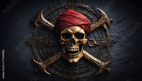 Pirate 3d symbol with skull, red bandana and bones on stone background, fantasy, steampunk, vintagem horror, adventure, caribbean photo