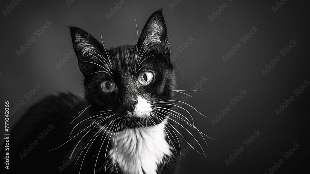A black and white tuxedo cat with a confident stance and piercing eyes.