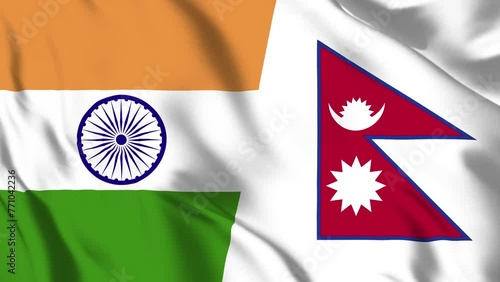 India and Nepal Flag waving in loop and seamless animation. Indian vs Nepal Flag background. Nepal and India Flag for relation, political or military conflict, Peace, Unity, economy or trade.