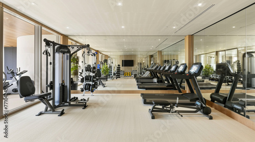 A contemporary gym with state-of-the-art exercise equipment, mirrored walls, and ample space for workouts.