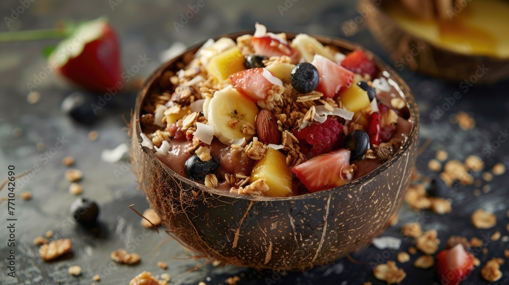 Fototapeta premium Nutrient-rich matcha chia seed pudding dessert served in a coconut shell bowl with fresh kiwi slices. Healthy nutritious breakfast, dessert or snack, vegan concept