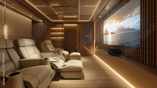 A contemporary home cinema with comfortable reclining chairs, a large flat-screen TV, and surround sound.